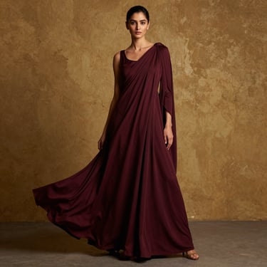 Flowing modern Indian maxi dress in deep wine maroon, draped elegantly on a model against a warm textured plaster wall