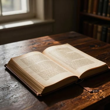 Dramatic chiaroscuro photography of a 19th-century leather-bound Masonic constitution open on a dark wood table, warm library window light