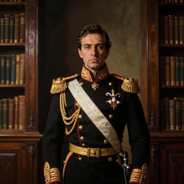 Symmetrical portrait of a historic Chilean grand commander in traditional dark regalia, oil painting style, chiaroscuro lighting