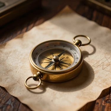 Macro detail of antique brass compass and square resting on aged parchment paper, deep shadows, rich gold tones