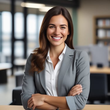 Portrait of a confident woman smiling warmly in a modern office setting.