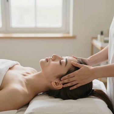 Therapeutic head massage treatment, professional hand movements, warm clinical daylight, peaceful atmosphere