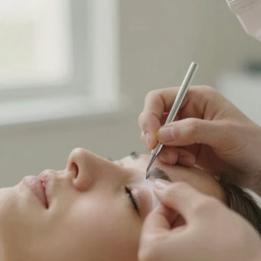 Close-up of lash lifting treatment process, precise aesthetic work under soft clinical lighting, warm tones