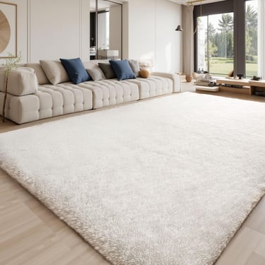 Large plush white shag area rug in a modern living room with a beige tufted sofa.