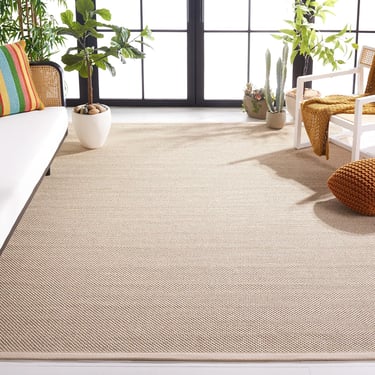 Beige sisal area rug in a sunlit living room with potted indoor plants and modern furniture.