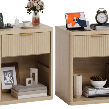 Pair of light wood nightstands with drawers, charging stations, and open storage shelves.
