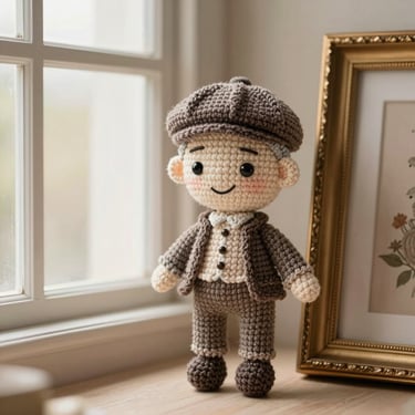 An elegant custom crochet memorial doll of a grandfather wearing a miniature flat cap, styled in a warm home environment next to an antique frame, soft window light