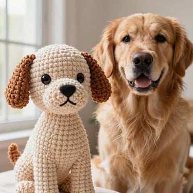 Close-up of a custom crochet pet dog doll next to a real photograph of a golden retriever, showcasing the precise stitch work matching the coat patterns, warm tones, 35mm