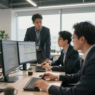 Professional accountants in a modern, sunlit office collaborating over digital dashboards, clean architectural lines, natural daylight, candid over-the-shoulder perspective.