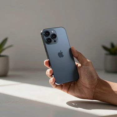 A South Asian digital marketer working on a high-end smartphone in a sunlit, minimalist studio.