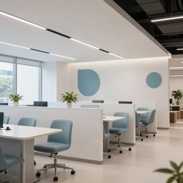 A modern, bright coworking space in India with clean white furniture and soft blue decorative elements.