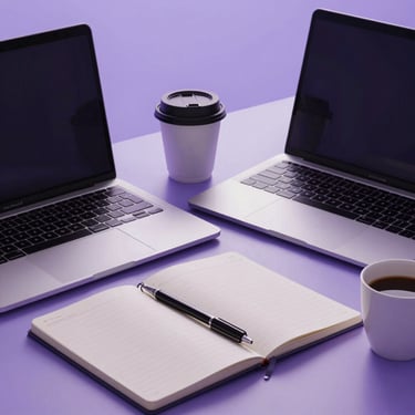 A minimalist desktop setup featuring a laptop, a notebook, and a coffee cup with soft purple morning light.