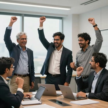 A small team of South Asian professionals celebrating a success in a bright, contemporary conference room.