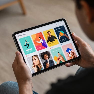 Over-the-shoulder shot of a professional reviewing colorful social media ad creatives on a sleek tablet.