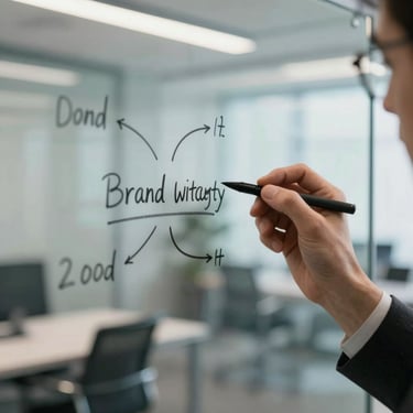 Detailed shot of hands sketching a brand strategy on a clear glass whiteboard in a premium office.
