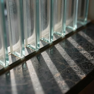 Detailed macro crop of architectural materiality, light refracting through fluted glass panels onto a dark marble surface, precise shadow definition.