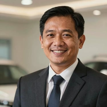 Professional close-up headshot of a friendly Indonesian car sales consultant in a dark suit, soft studio background, warm lighting