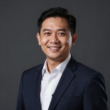 Professional headshot of a friendly Indonesian car sales consultant, soft studio lighting, clean dark background