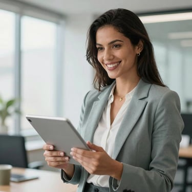 Portrait of a professional South American / Brazilian woman in a modern office setting, smiling confidently while using a digital tablet. She wears business attire in soft grayish teal tones, with bright, natural lighting.