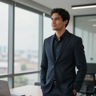 A professional South American / Brazilian man in a smart-casual dark navy outfit standing in a modern office with large windows. He looks confident and satisfied, representing a successful business owner.