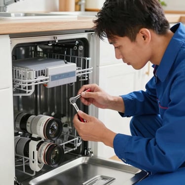 Medium shot of a professional technician in a blue uniform repairing a dishwasher control panel, natural kitchen lighting, focused hands holding tools.