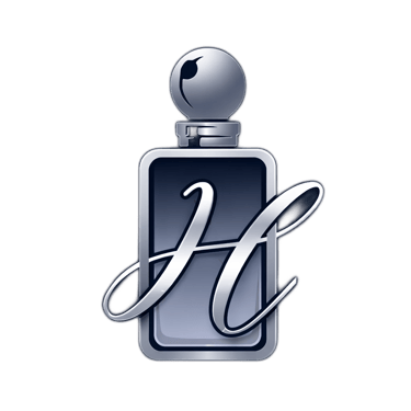 Luxury perfume bottle logo featuring a metallic silver cursive H on a dark navy glass flask.
