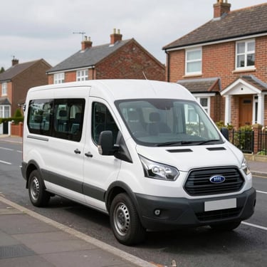 Close environmental shot from street level, a clean modern dark minibus pulled up to a residential front door in a Liverpool suburb at early morning, boot open, a large suitcase being loaded, soft daylight, quiet residential street visible in background