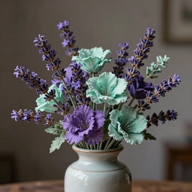 Close-up of a whimsical floral centerpiece with lavender and mint-toned stems in a structured ceramic vase.