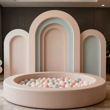 A luxury children's party setup featuring a soft pastel ball pit and customized mini arch backdrops.