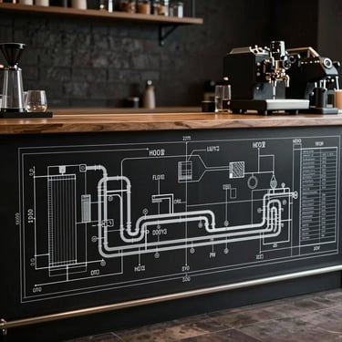A crisp technical CAD blueprint layout of a commercial espresso bar counter, showing precise plumbing and electrical routing lines overlaid on a dark textured background.