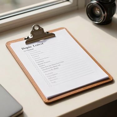 A physical leather clipboard with a printed checklist on a warm cream counter, soft morning window light highlighting the texture of the paper and leather.