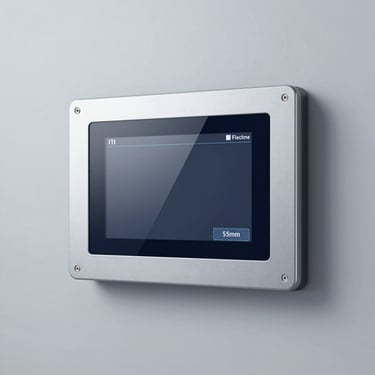 Sleek industrial panel PC with touchscreen, solid clinical light-gray metallic background, cold studio lighting.