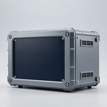 Heavy-duty military grade rugged computer chassis, solid clinical light-gray metallic background, cold studio lighting.