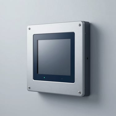 Sleek industrial panel PC with a touch screen, mounted on a solid clinical light-gray metallic background, cold studio lighting, sharp focus