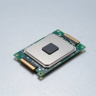 High-performance Edge AI computing module with GPU, solid clinical light-gray metallic background, cold studio lighting.