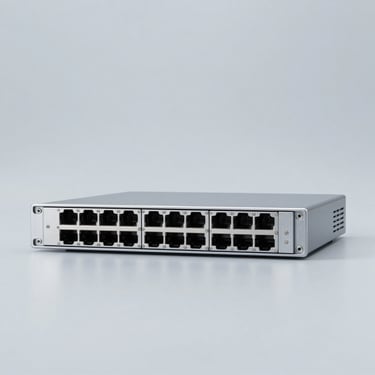 Rackmount network security appliance, solid clinical light-gray metallic background, cold studio lighting.