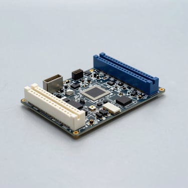 Subcompact industrial motherboard with gold-plated connectors, solid clinical light-gray metallic background, cold studio lighting.