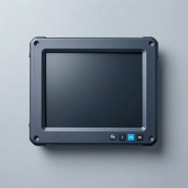 Rugged IP65 industrial touch monitor, solid clinical light-gray metallic background, cold studio lighting.