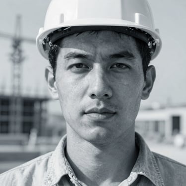 Close-up portrait of a male digital construction engineer, desaturated blue and slate tones, cool daylight, sharp focus, 35mm