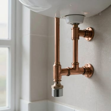 Close-up of neat, professional copper pipework installed behind a bathroom wall before plastering, showing technical mastery