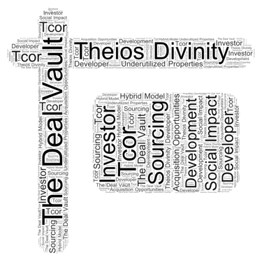 Word cloud art in a geometric cross shape featuring business terms like Social Impact, Investor, and Development.