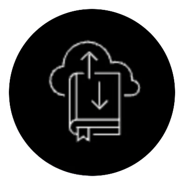 Icon white outline on black, with a book and multiple arrows and cloud.