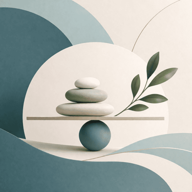Balanced stack of smooth stones on a blue sphere with a green leaf and abstract wavy shapes.