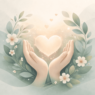 Hands cradling a glowing heart surrounded by floral branches and soft leaves in a pastel aesthetic.