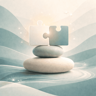 Two puzzle pieces balancing on stacked zen stones representing harmony and problem solving.