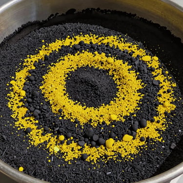 Close-up of industrial polymer modifiers and asphalt additives being blended into a hot binder mix in a laboratory setting