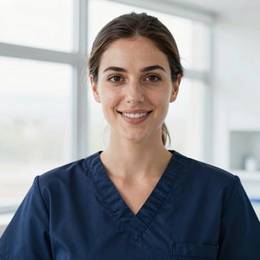 A professional portrait of a female dentist with a warm, confident expression, wearing clean navy scrubs, bright natural window light, clinical background