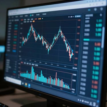 Macro close-up of a high-resolution financial trading interface, sleek monitor, cool blue and teal ambient glow