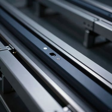 Sleek macro shot of automated distribution terminal tracks, cool low-key lighting, sharp focus