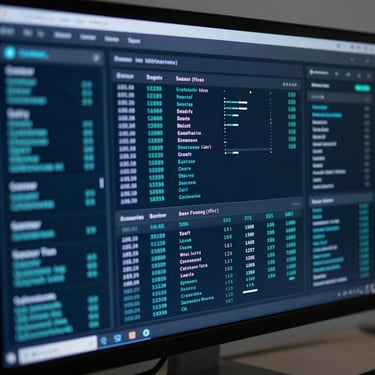 Abstract close-up of a high-resolution data dashboard on a sleek monitor, cool blue and teal glow, sharp focus